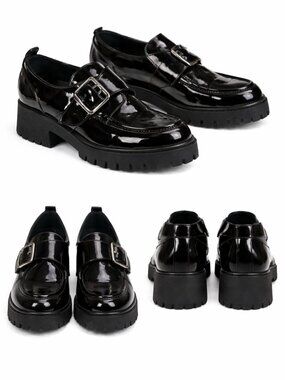 Marc Fisher Hazelton Loafers Black Patent Lug Sole Buckle Shoes Size 11M Preppy